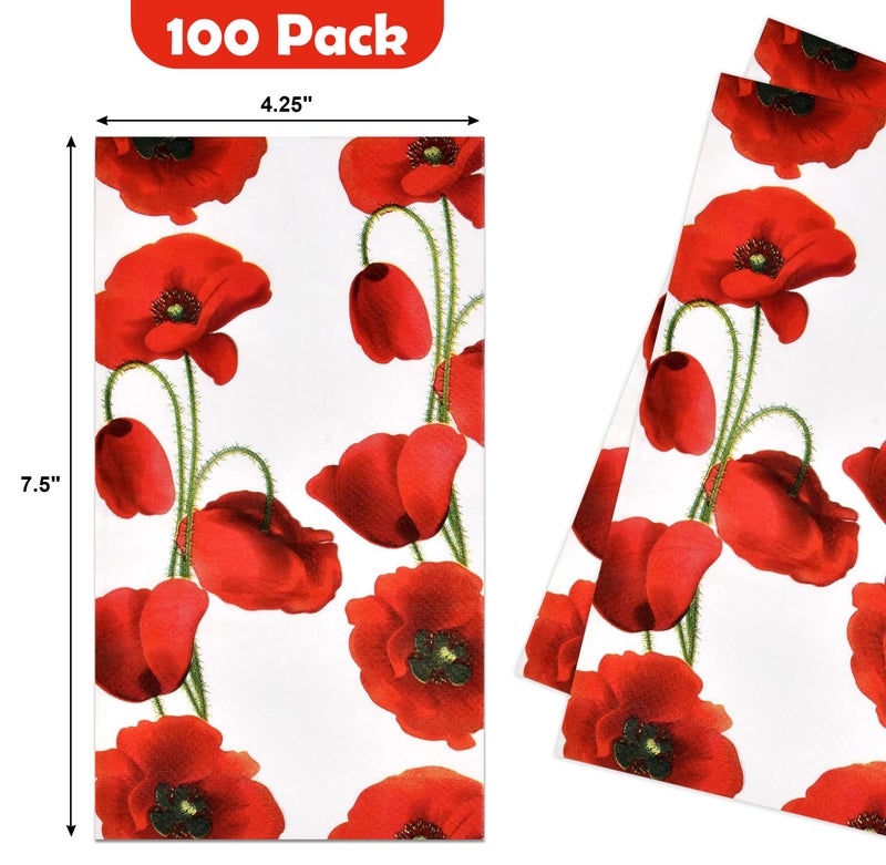 Gift Boutique 100 Poppy Floral Guest Napkins 3 Ply Decorative Hand Napkin Red Poppies Flowers Disposable Paper Towels for Toilet Powder Room Wedding - Image 2